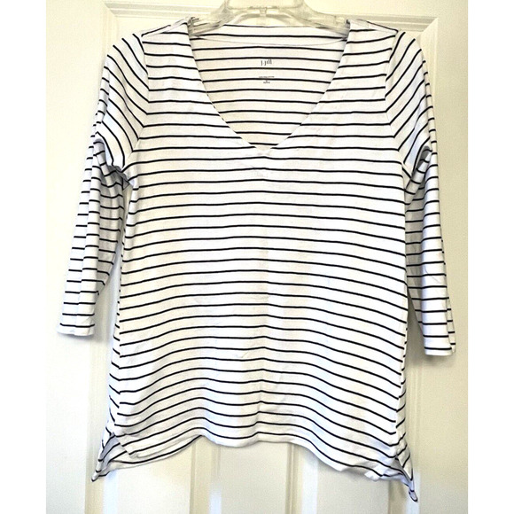 J JILL Petite S Black White Stripe 100% Pima Cotton 3/4 Sleeve V Neck Knit Top - Picture 1 of 7